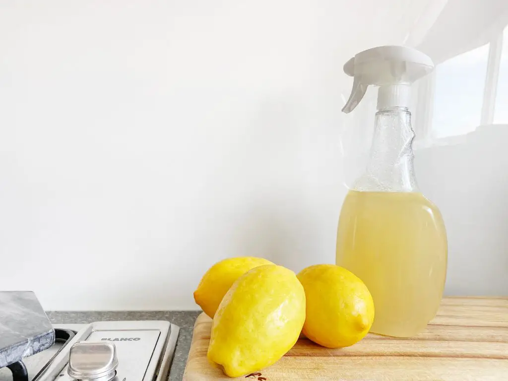 Eco cleaning product with lemons next to the bottle